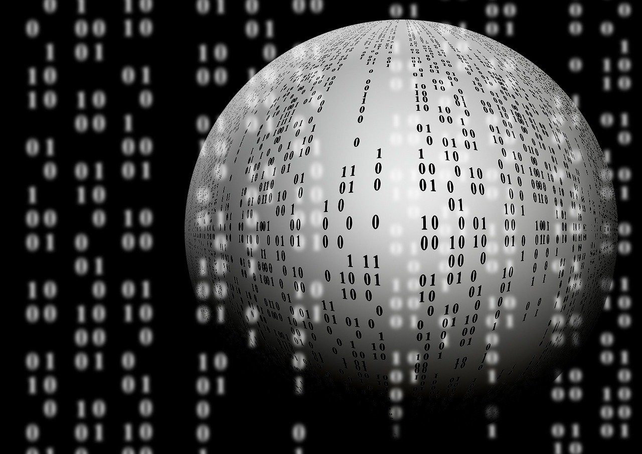 A globe wrapped in streams of data